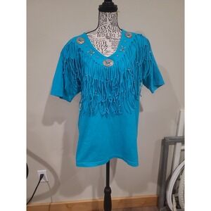 Vtg. Turqoise fringe top with concha and beads Women SZ Lg. Western Cowgirl boho